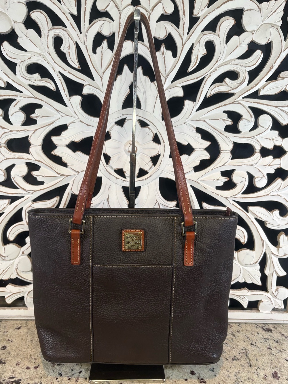 Dooney & Bourke Dark Brown Pebbled Leather Shoulder Tote Bag with Tan Straps